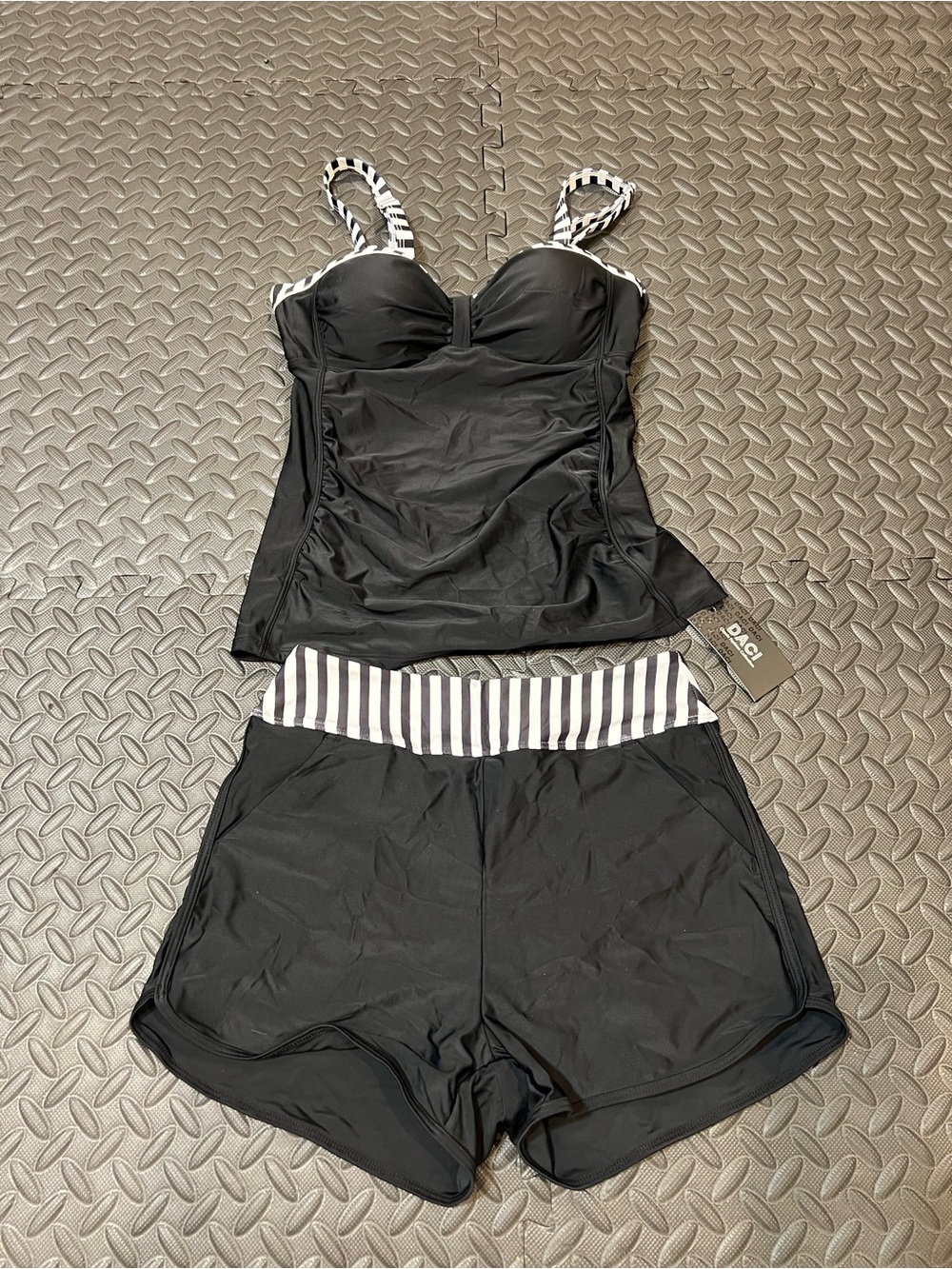 Black Striped-Trim Tankini & Swim Shorts Set